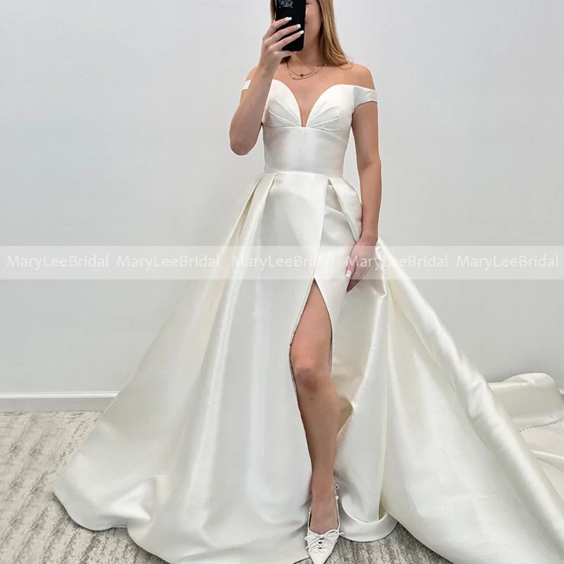 

Customized High Slit Mikado Wedding Dress Off the Shoulder Sexy Low V-neck Bridal Gowns for Women Buttons Long Train Bride Dress