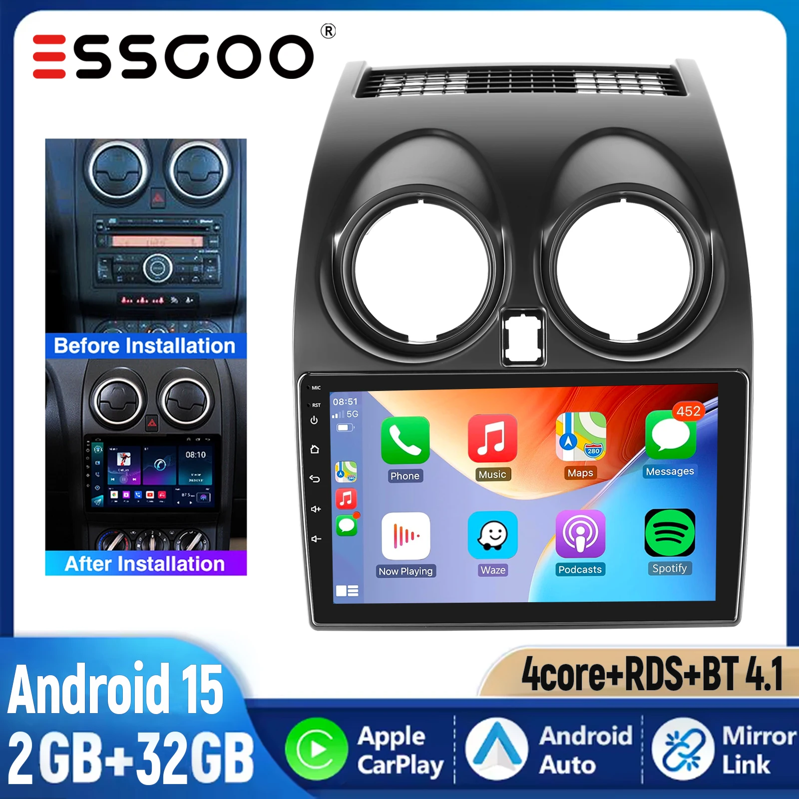 ESSGOO 9" Android 15 autoradio voor Nissan Qashqai J10 2007-2013 met Carplay, GPS, FM, RDS, WIFI, SWC, BT en Mirrorlink