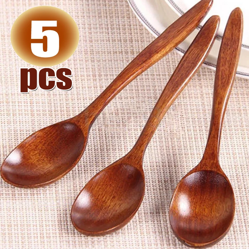 5/1Pcs Natural Wood Spoons Japanese Style Long Handle Soup Spoon Coffee Milk Teaspoon Scoops Kitchen Tableware Cooking Tools