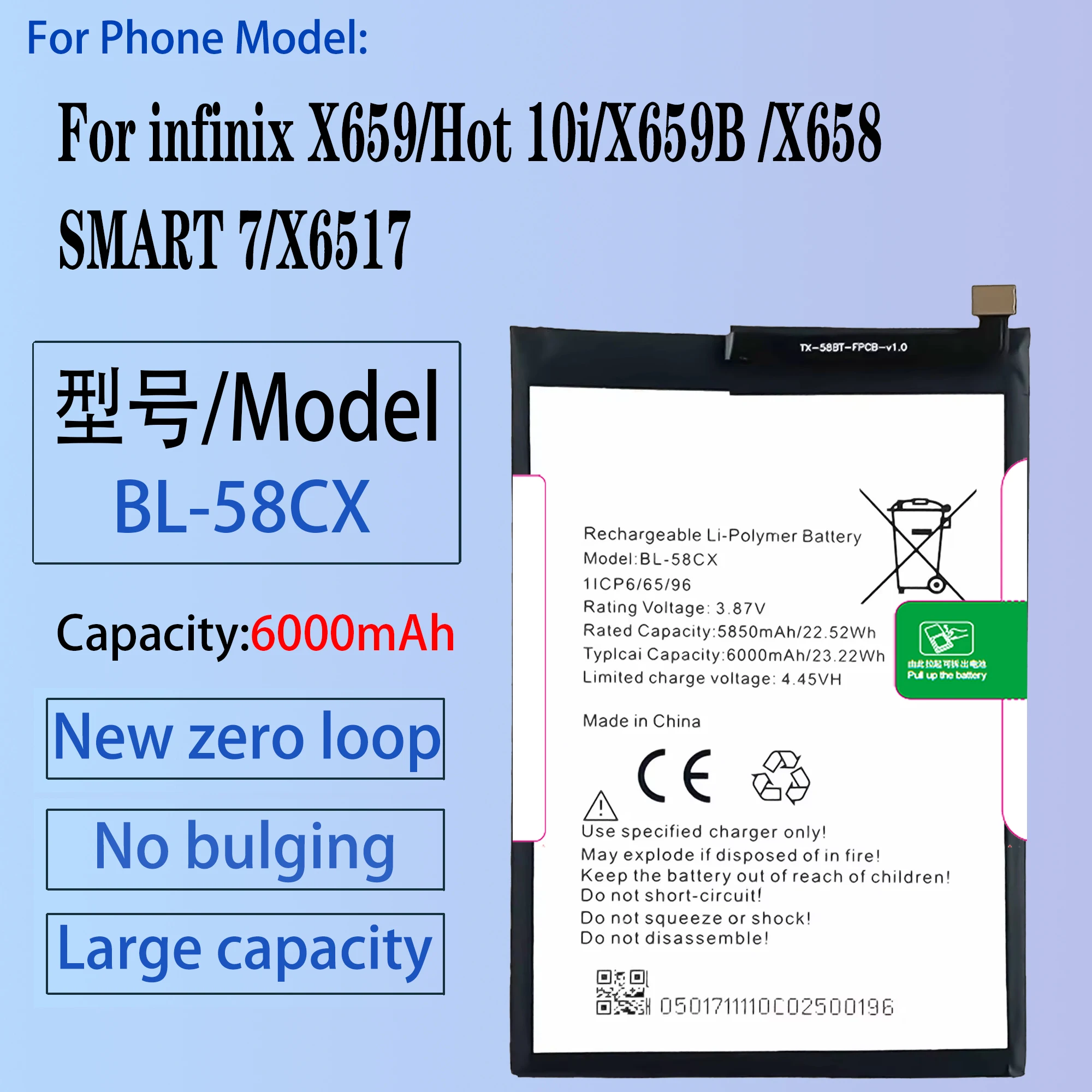 

100% Original BL-58CX Battery For INFINIX X659/Hot 10i/X659B /X658 /SMART 7/X6517 Phone Replacement Bateria+Tools