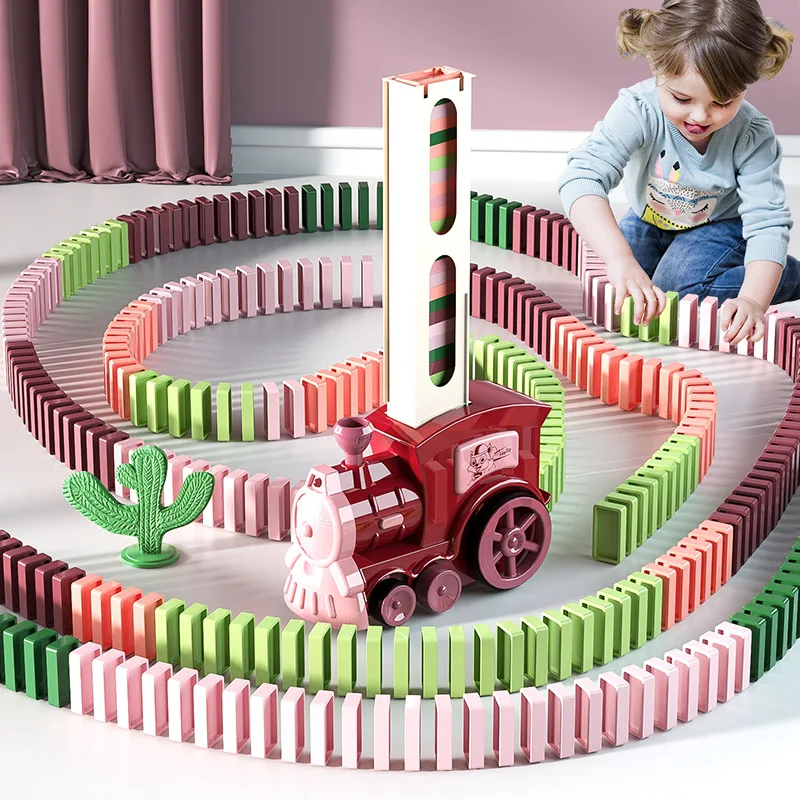 Kids Electric Domino Train Car Set Sound Light Automatic Laying Colorful Dominoes Brick Blocks Game Educational DIY Toy Gift