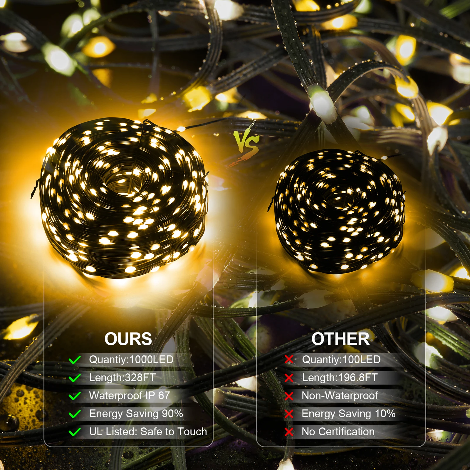 Luzes de corda de natal, 1000led/328 pés, corda decorativa externa estroboscópica com 8 modos/controle remoto/ip67 à prova d'água/temporizador/função de memória f