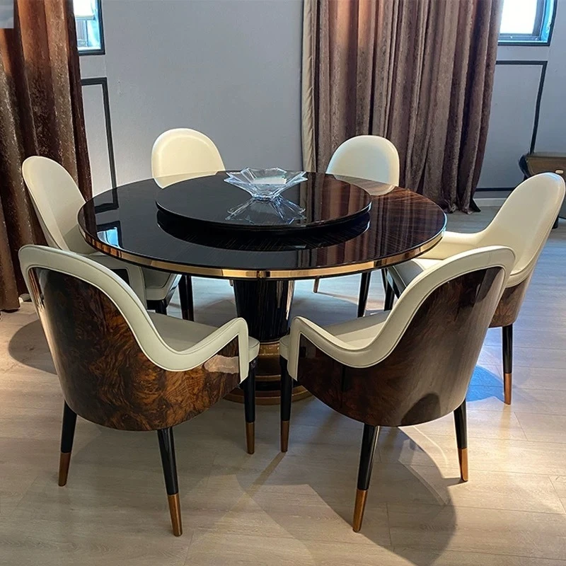 Dining table and chair combination solid wood round table leather high-end household simple ebony paint