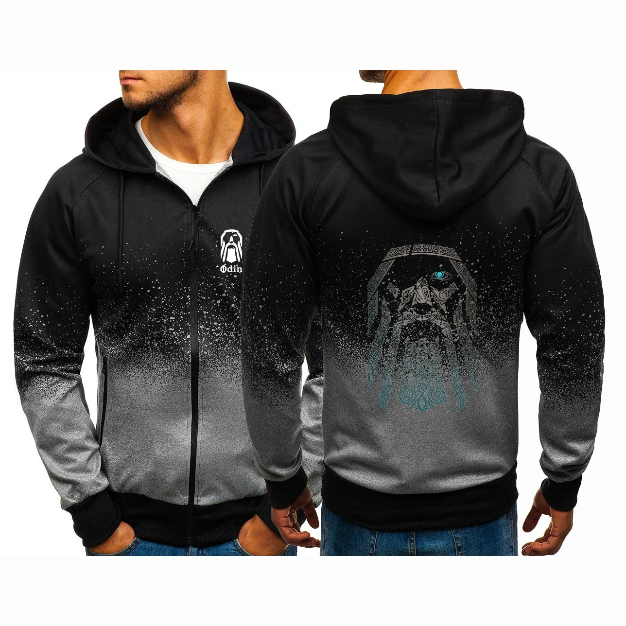 

2024 New Vikings Odin Warrior Legend Autumn Gradient Color Hooded Comfortable Tracksuit Men's Zipper Cardigan Sweatshirt Tops