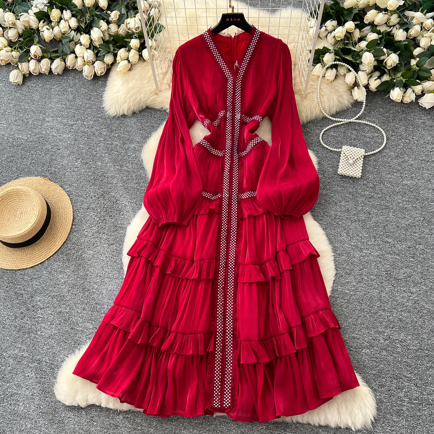 

Casual lantern sleeve rhinestone slim fit basics long Dress French high street clothing women clothing