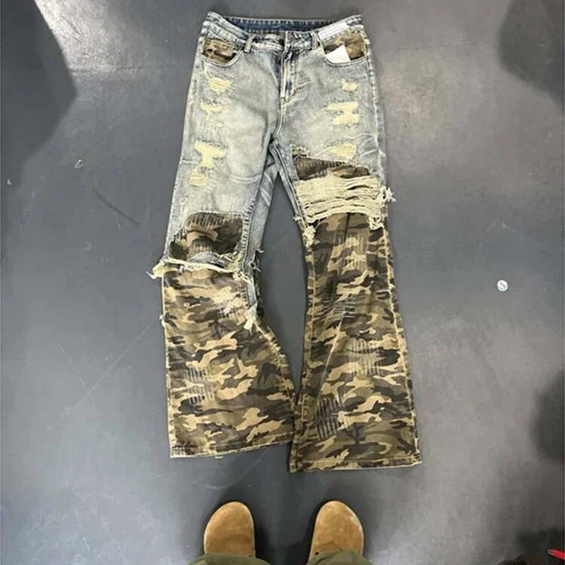 

New American Hip Hop Y2k Clothes Vintage Pants Design Camo Patchwork Jeans Men's Casual Straight Leg Pants designer clothes men
