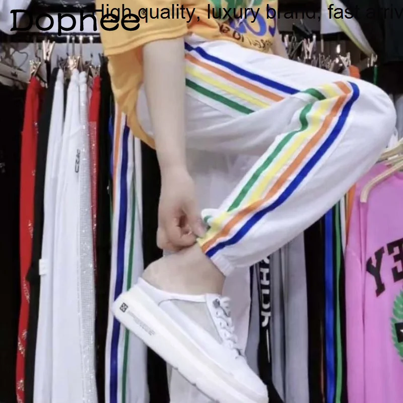 White Fashion Rainbow Casual Sweatpants Female 2023 Spring Summer New Loose High Waist Hoodie Pants Ankle-Banded Sport Trousers