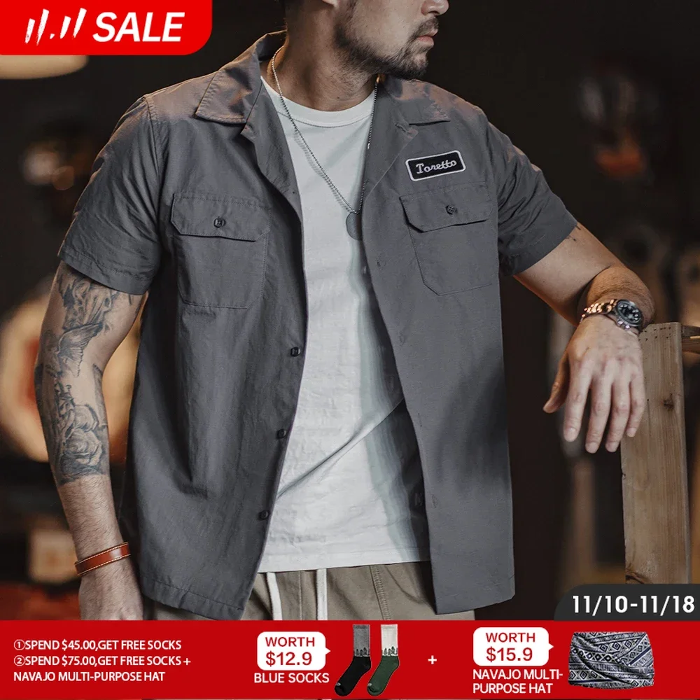 

Maden Retro Toretto Short-sleeved Shirt Dark Gray Single-Breasted Large Size Lapel Thin Shirt for Men's Summer Tops