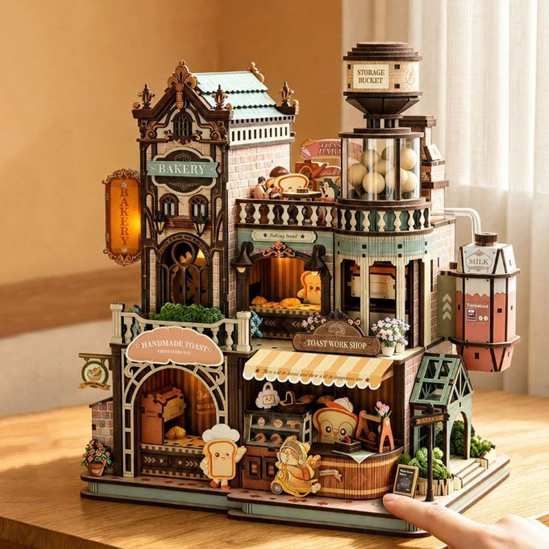 DIY Wooden Miniature Model Kits Bakery Shop Cottage 3D Puzzle Dollhouse With Furniture for Friends Birthday Gifts