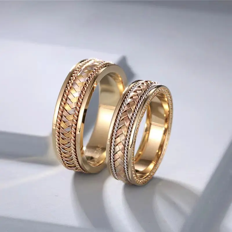 Designer Handcrafted Tri-Color Interwoven Metal Braiding S925 Sterling Silver Men's & Women's Couple Rings Engraved Wedding