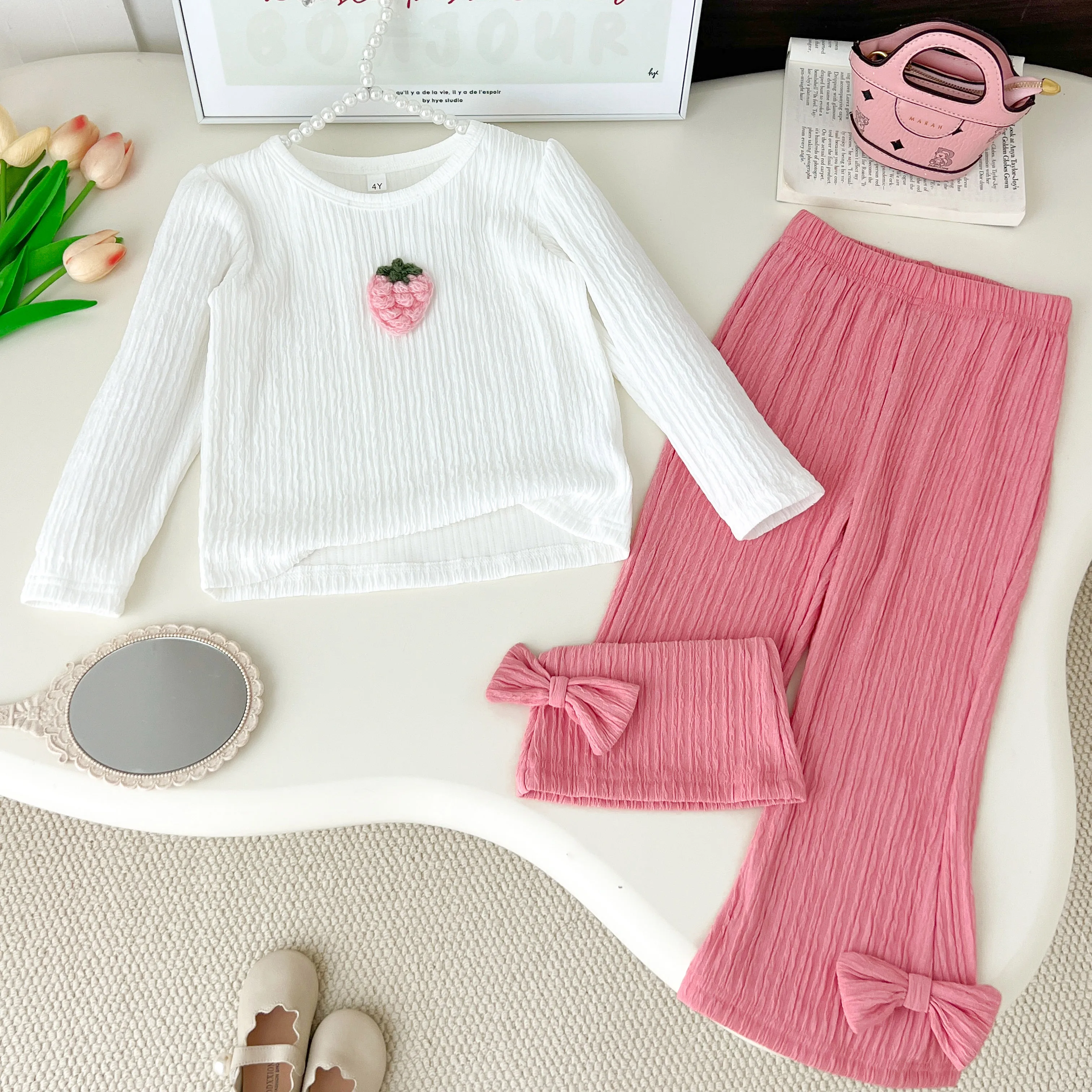 Kids Clothes Girls Spring Fashion Strawberry Long Sleeve Top+Bow Bellbottom 2-Piece Sets Children's Daily Casual Wear