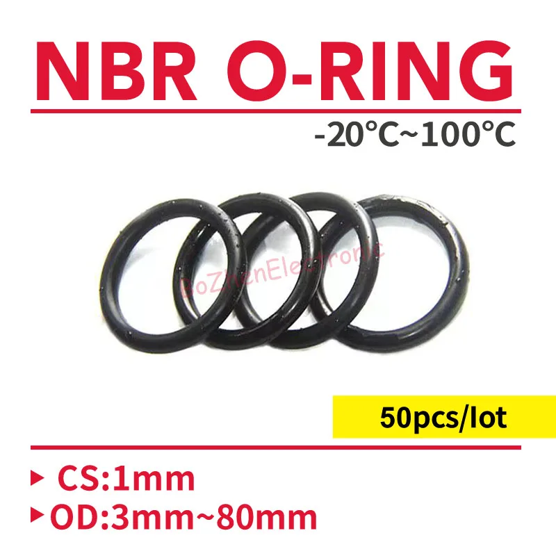 50pcs O Ring Gasket CS 1mm x 5 ~ 80mm OD NBR Automobile Nitrile Rubber Round O Type Corrosion Oil Resist Sealing Washer Black