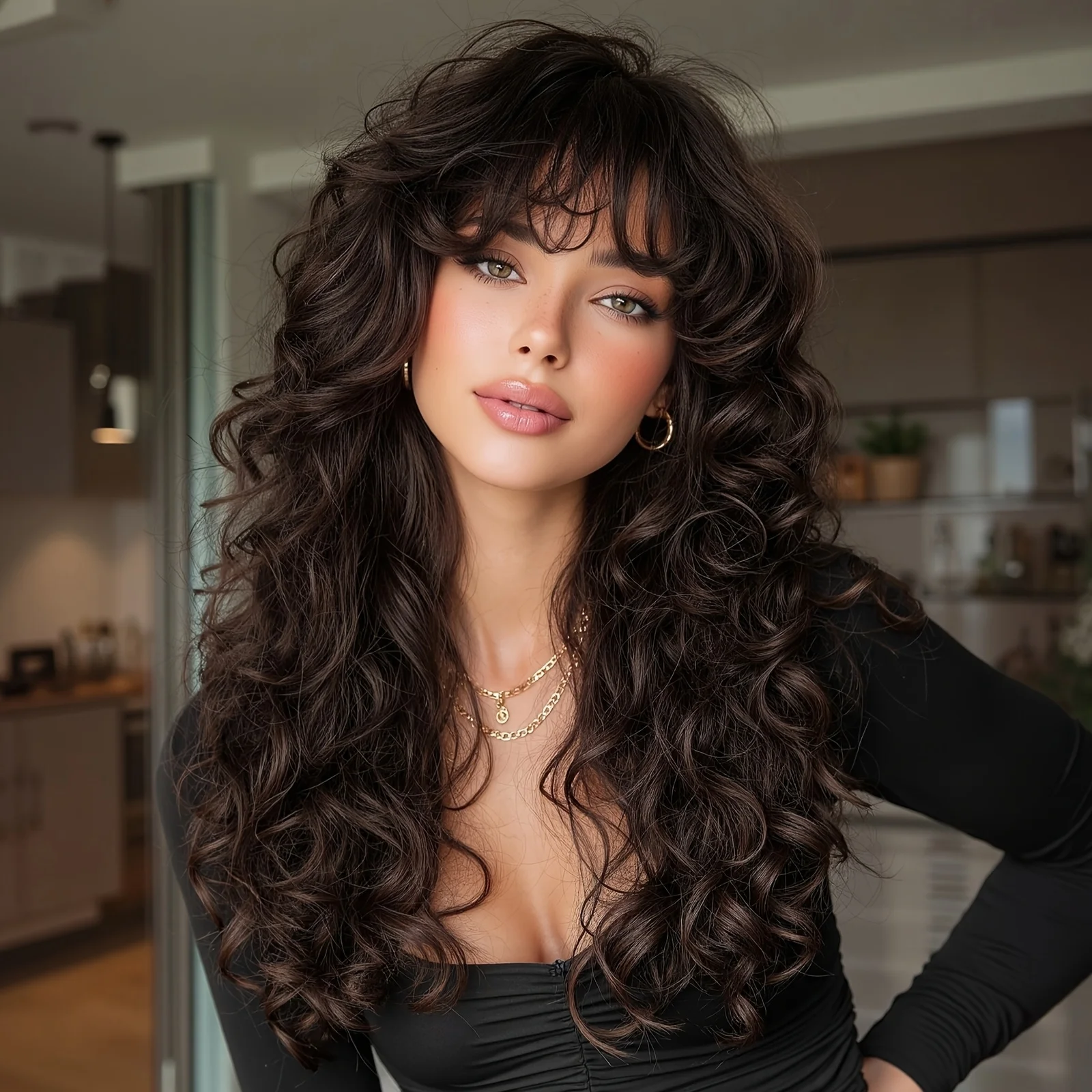 24-inch deep brown bangs long wavy hair wig, mainly designed for music festivals, parties, gatherings and dates