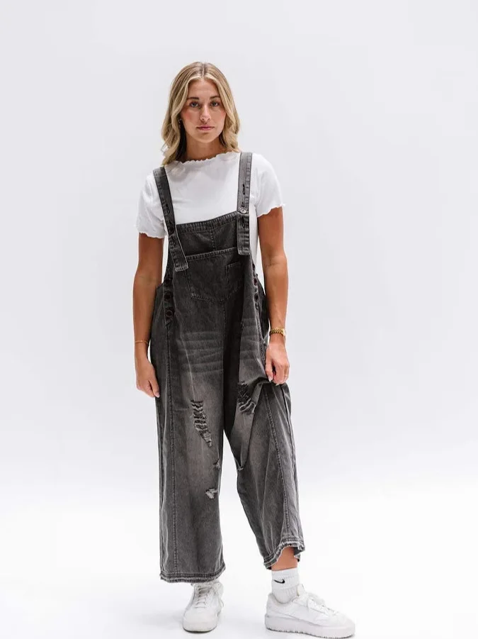 Macacão jeans de perna larga feminino vintage desbotado buraco cintura alta calças de perna reta casual faion primavera verão outono