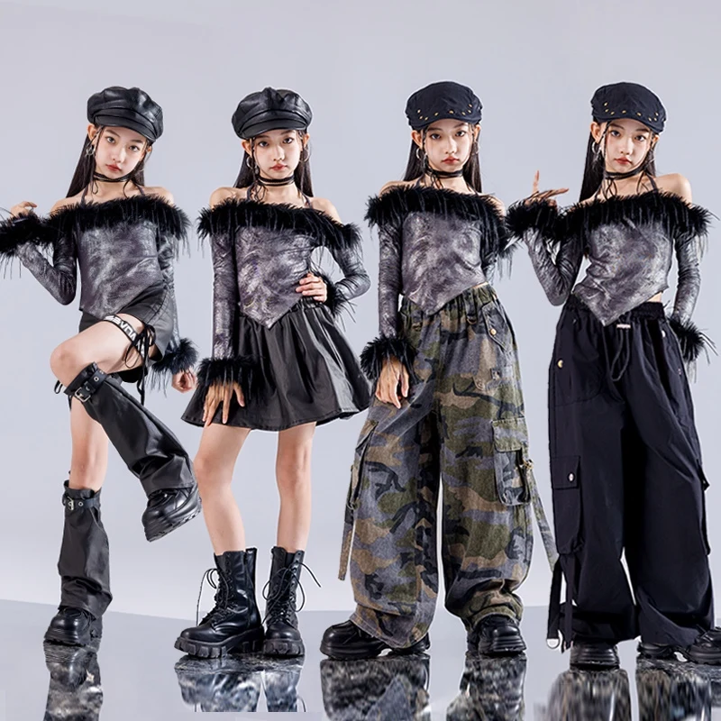 Kpop Girls Group Jazz Dance Clothes Hip-hop One Collar Top Skirts Shorts Cargo Pants Kid Costume Catwalk Show Costumes DQL9801