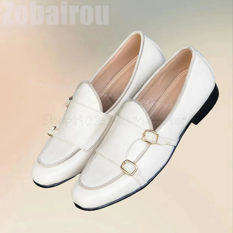 

White Buckle Decor Double Monk Matte Leather Loafers Fashion Slip On Men Shoes Luxurious Handmade Party Banquet Men Dress Shoes