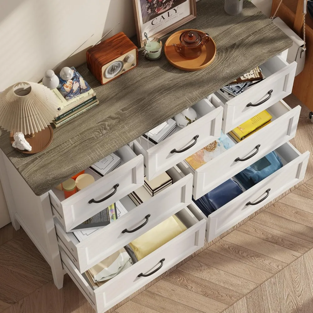 Commode blanche pour chambre à coucher avec 7 tiroirs, commodes de 47 po de largeur avec poignées en métal, meuble TV en bois pour couloir, entrée, table