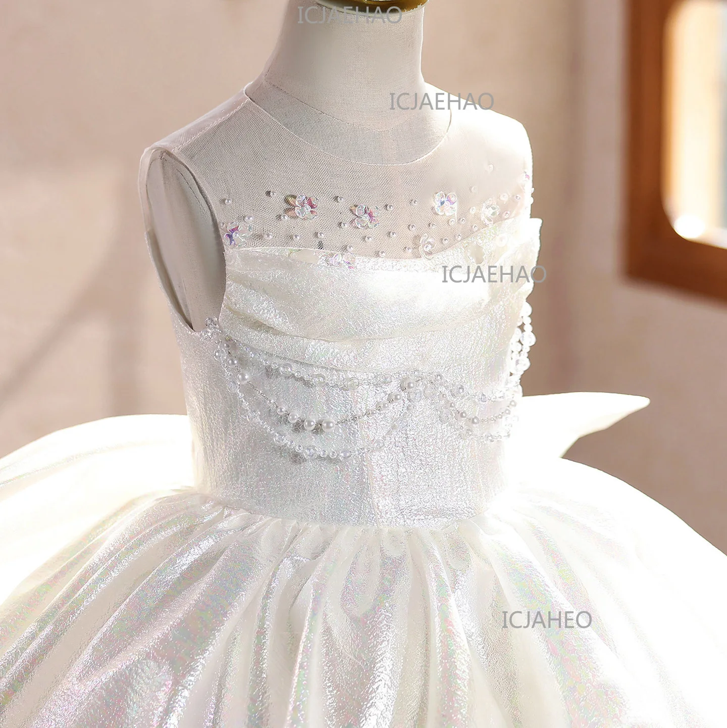Girls Beaded Sleeveless Gown With Big Bow Tulle Princess Dress, Flower Girl Outfit For Birthday Performance  Evening Dress