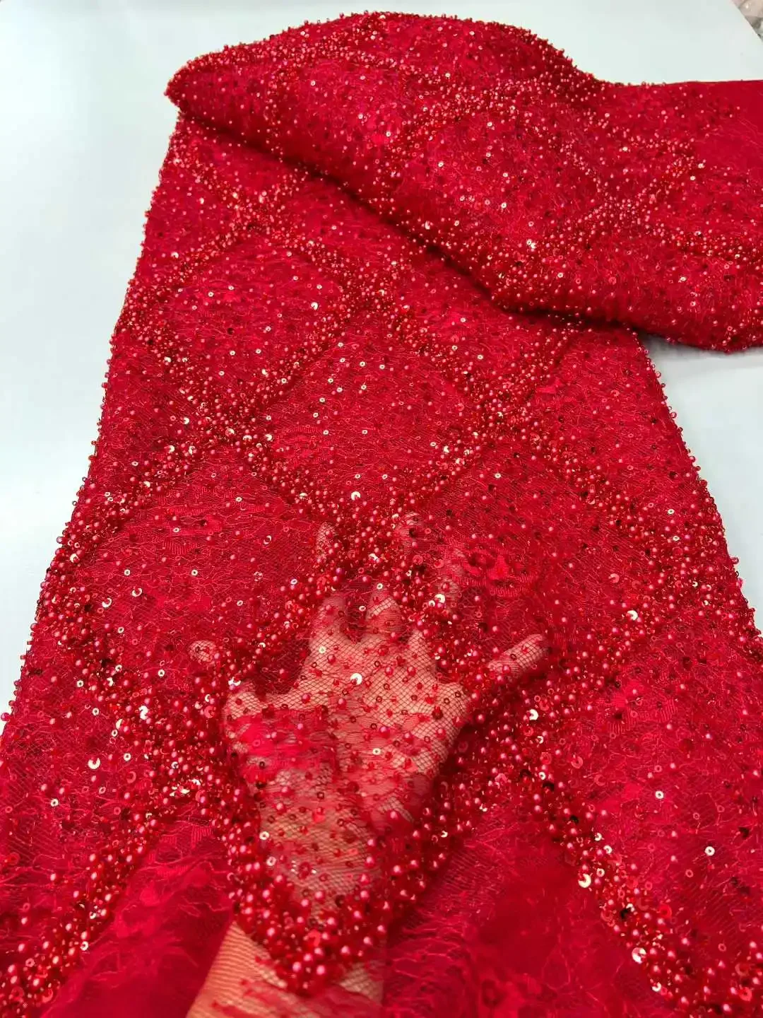 Luxury African Sequins Beaded Chantilly Lace Fabric 2025 High Quality Lace 5Yards Pink French  Fabric for Party Dress Sew CC1581
