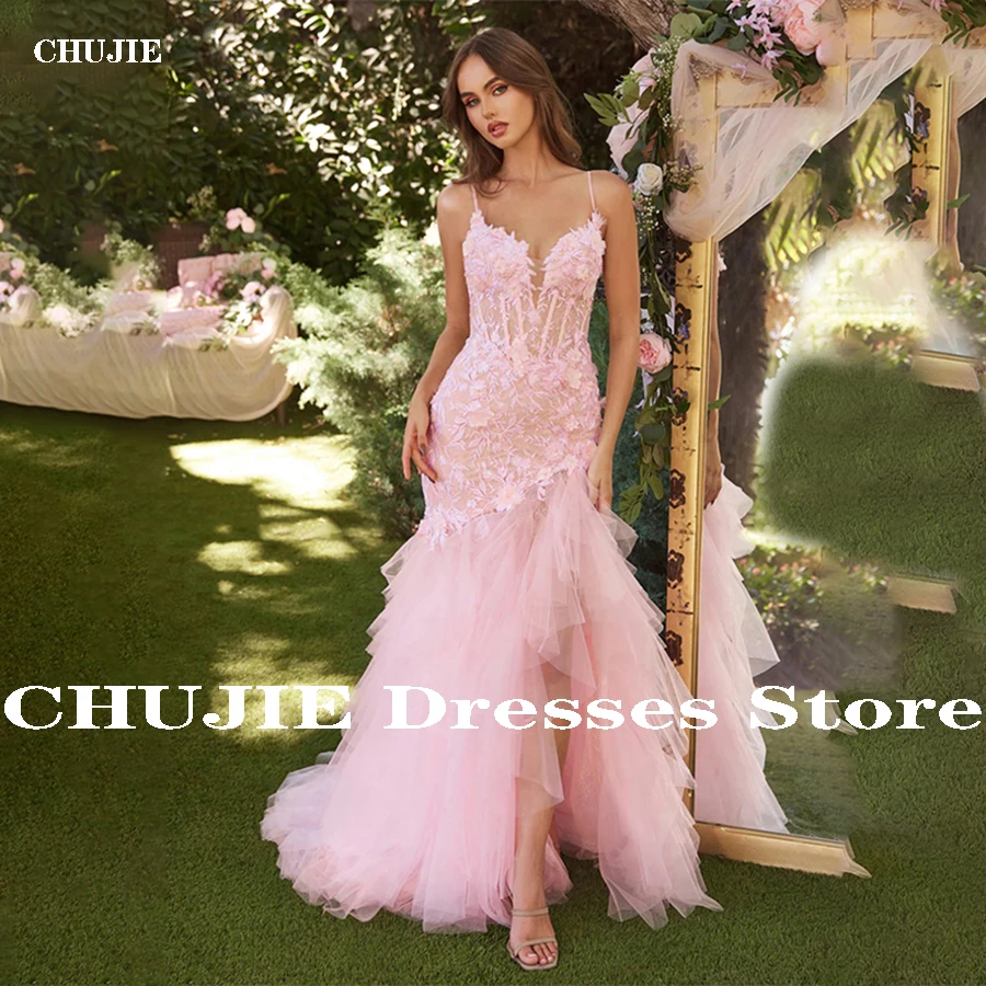 

Appliques Mermaid Prom Dresses Ball Gown New Women Tulle Tiered Wedding Party Dress Side Slit Vestido de baile Evening Gowns