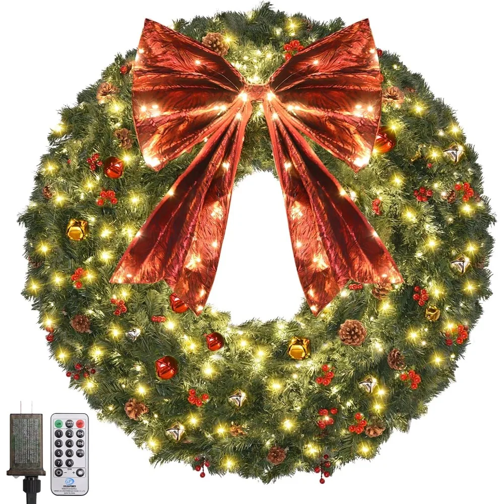 

48 inch Outdoor Christmas Wreath with Lights Tips Artificial Xmas Wreaths Christmas Wreath with Red Bows, Christmas Bows
