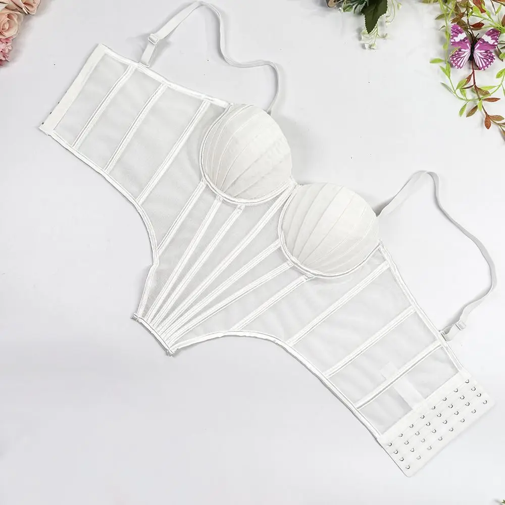 Elegant Transparent Sling Camisole Sleeveless Slim fit Mesh Corset Tank Fishbone Crop Tops Spring Summer