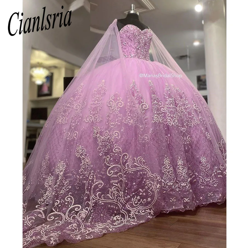 

Lilac Crystal Appliques Lace Quinceanera Dress With Cape Ball Gown Sweetheart Sleeveless Corset Vestido De 15 Anos