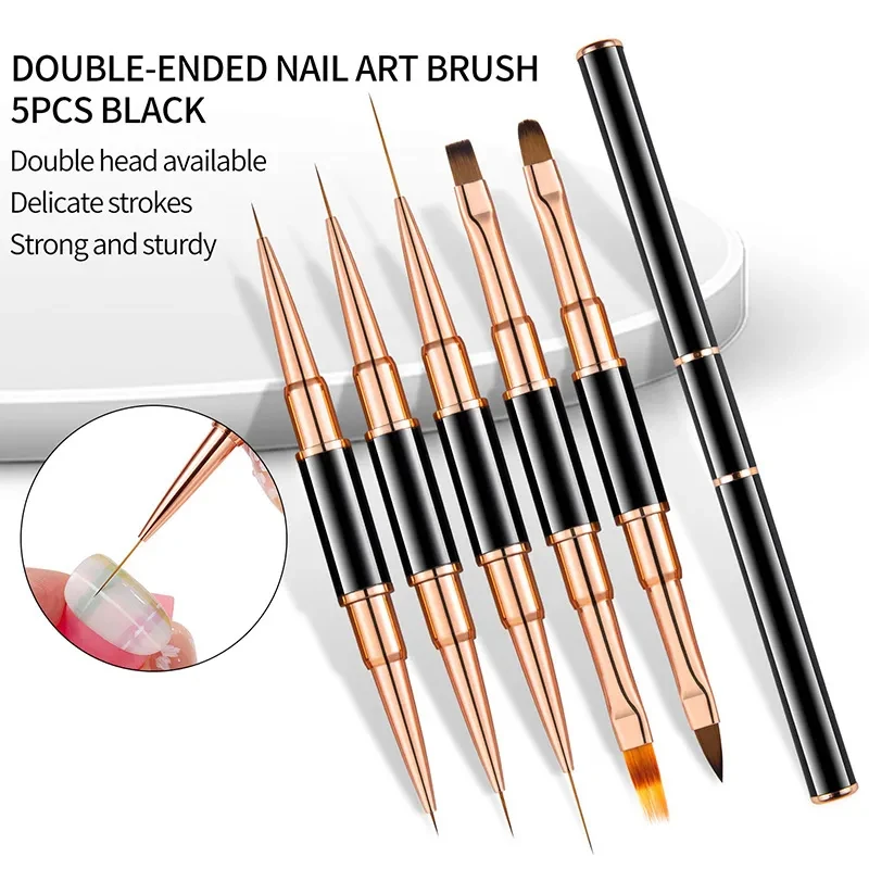 5Pcs Black Double head Nail Art UV Gel Extension Brushes Painting Tools French Stripe Drawing Liner Pen Manicure Accessoires