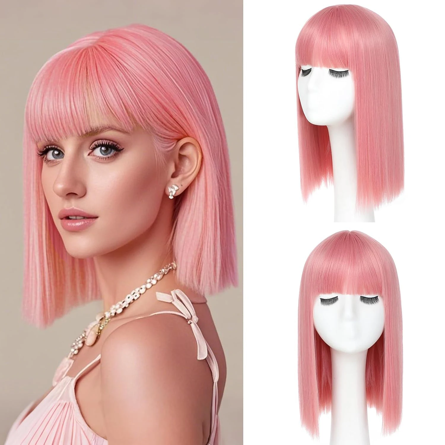 Bob Wig With Bangs - Heat Resistant 14Inch Synthetic Hair, Short Straight Shoulder Length Natural-Looking Cosplay Wig for Daily