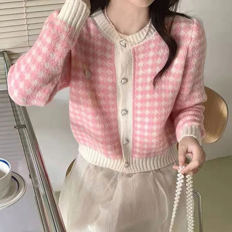 

Pink Plaid Round Neck Knit Cardigans Women Korean Long Sleeve Crop Cardigan Woman Autumn Winter Single Breasted Sweater Cardigan