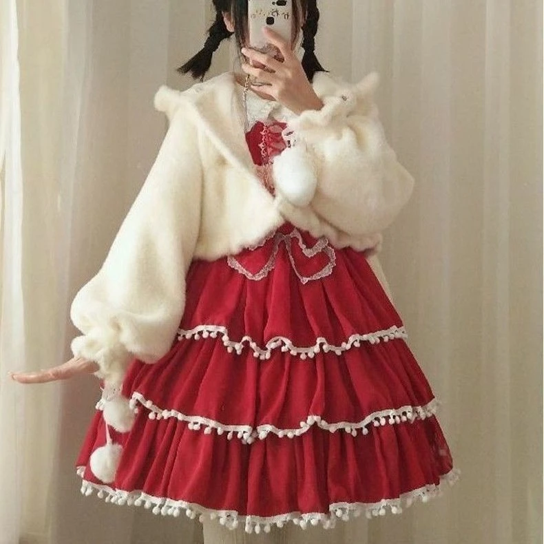 

Стиль Лолиты, милое кавайное пальто из искусственного меха, популярные однотонные элегантные короткие кардиганы Y2k для девочек, женские японские милые куртки, шикарная толстовка