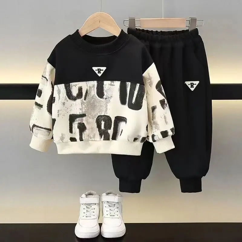 Spring Children Boy Clothes Set Kid Girls All Over Printed Letter Sweatshirts Pullover Top and Pants 2 Pieces Suit Teen Outfits