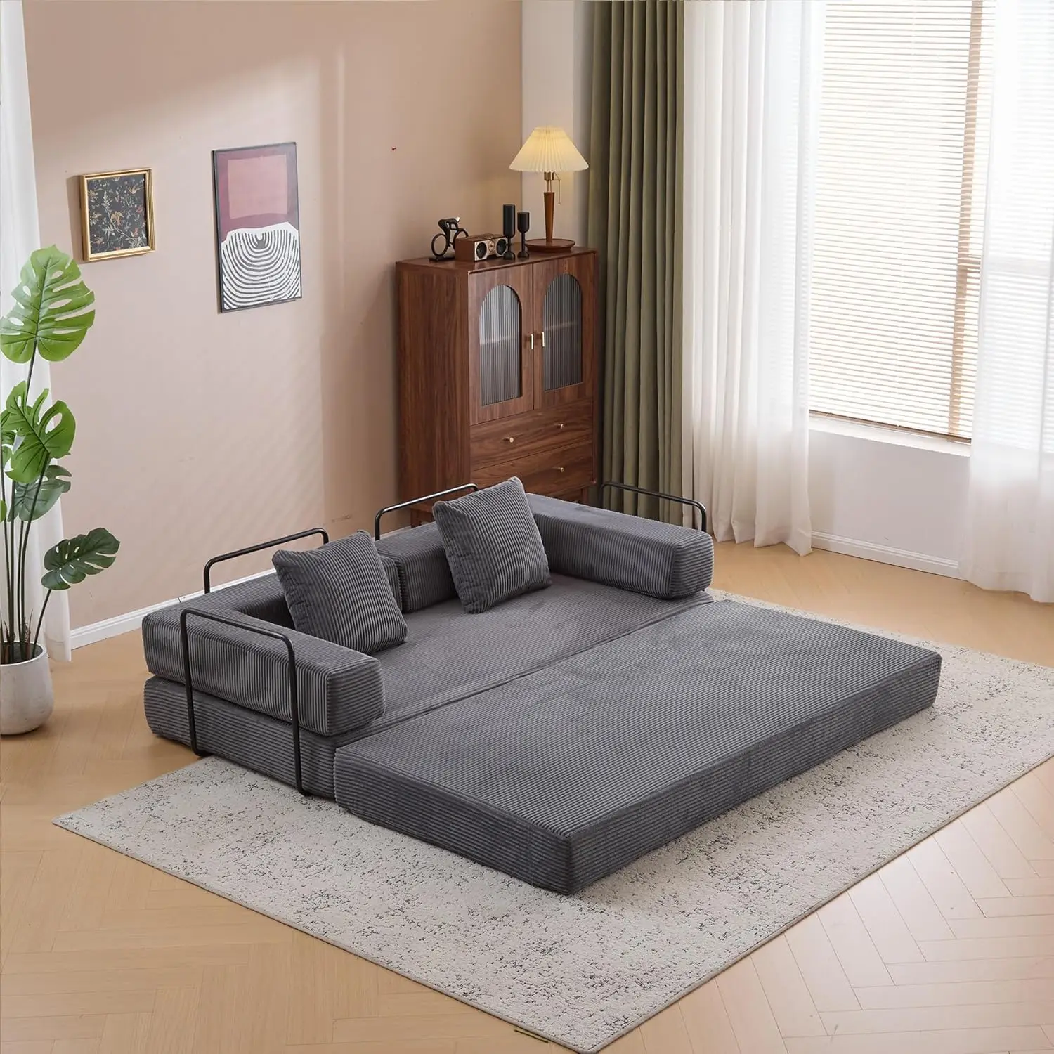 

King Size Convertible Corduroy Floor Sofa Bed Fold Out Memory Foam Sleeper With Pillows For Living Bedroom Playroom Dark Grey