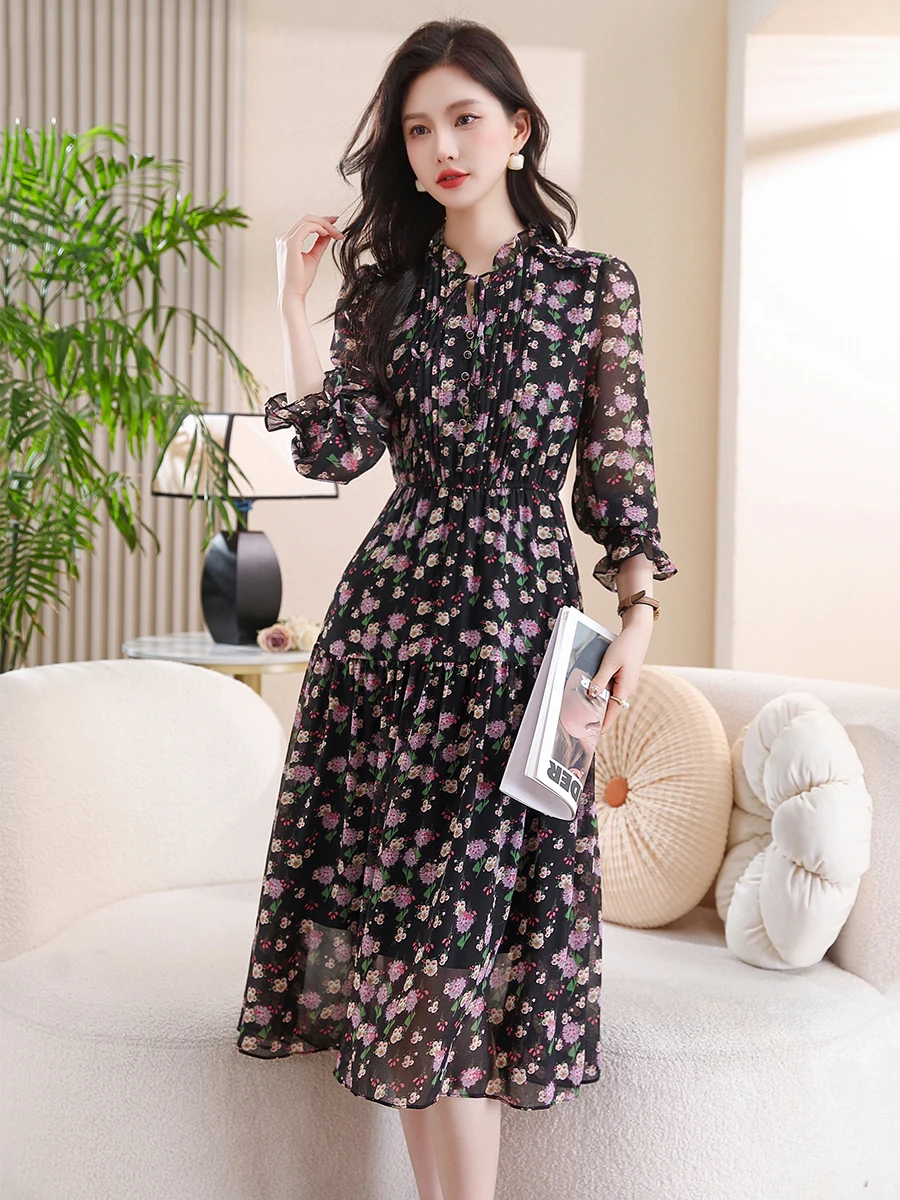 Women Black Dress 2024 New Office Lady Brief Vintage Chiffon Floral Print Long Sleeve Zipper O-Neck Dresses