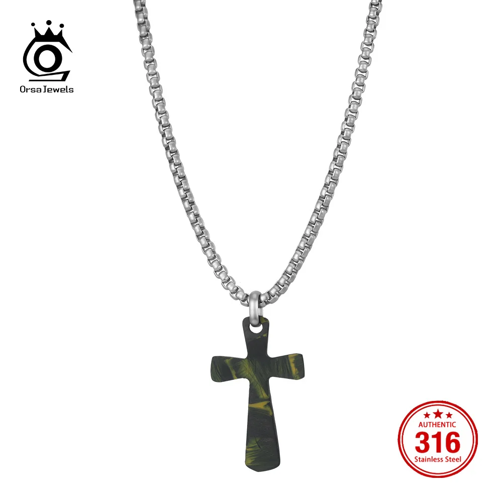 ORSA JEWELS 316 Stainless Steel Camouflage Cross Christian Faith Pendant Necklace for Men Religious Statement Jewelry HTNN09