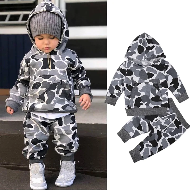 

Fashion Spring Fall New Boys Long Sleeved Hooded Sweater And Pants Camouflage Suit Children's Sports Spring Clothing 1-4Years