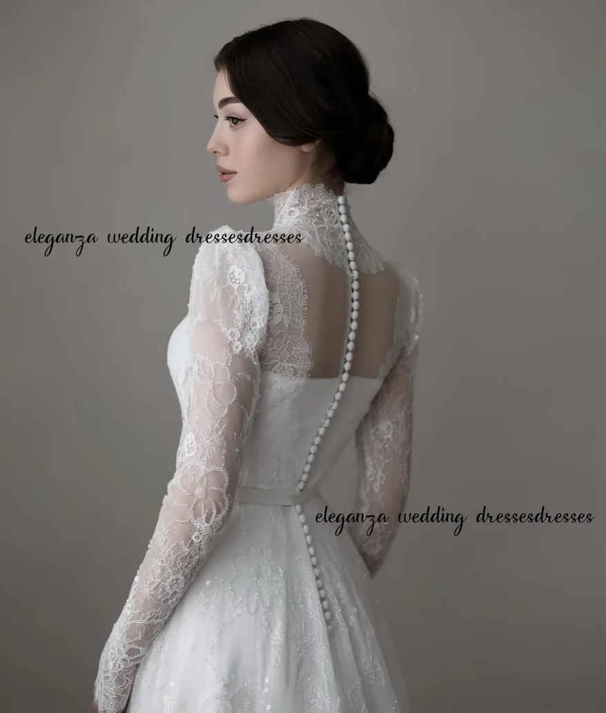 맞춤 제작된 화려한 웨딩드레스 무슬림 하이넥 튤 시스루 긴팔 A라인 드레스 웨딩드레스