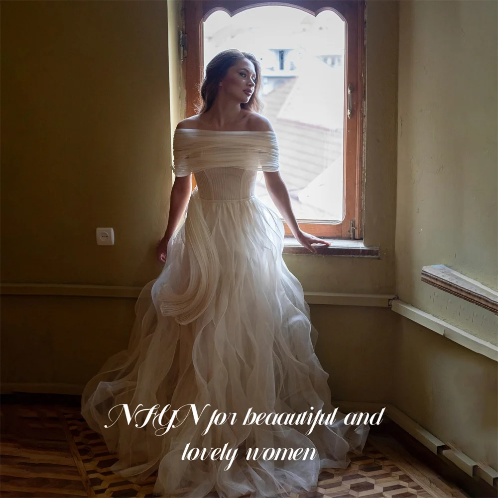 

NFYN Ivory Tulle Evening Dresses Off the Shoulder Short Sleeve Formal Gown A Line Night Dresses Prom Dresses Simple Customized