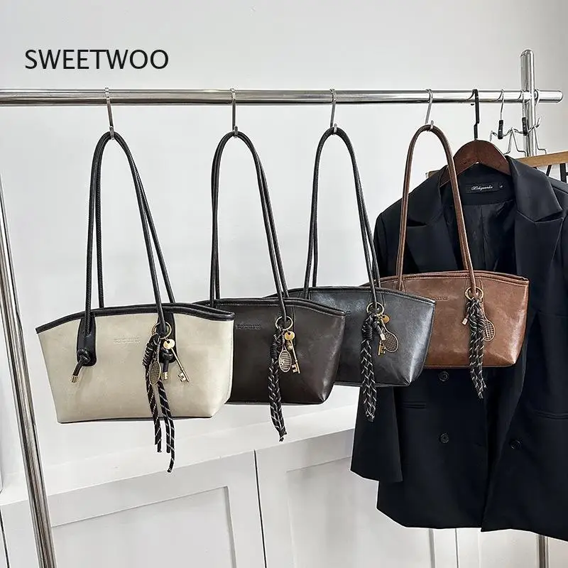 

Women's Color Block Woven Tote Bag Casual Shoulder Bag with Tassel Decor for Daily Use