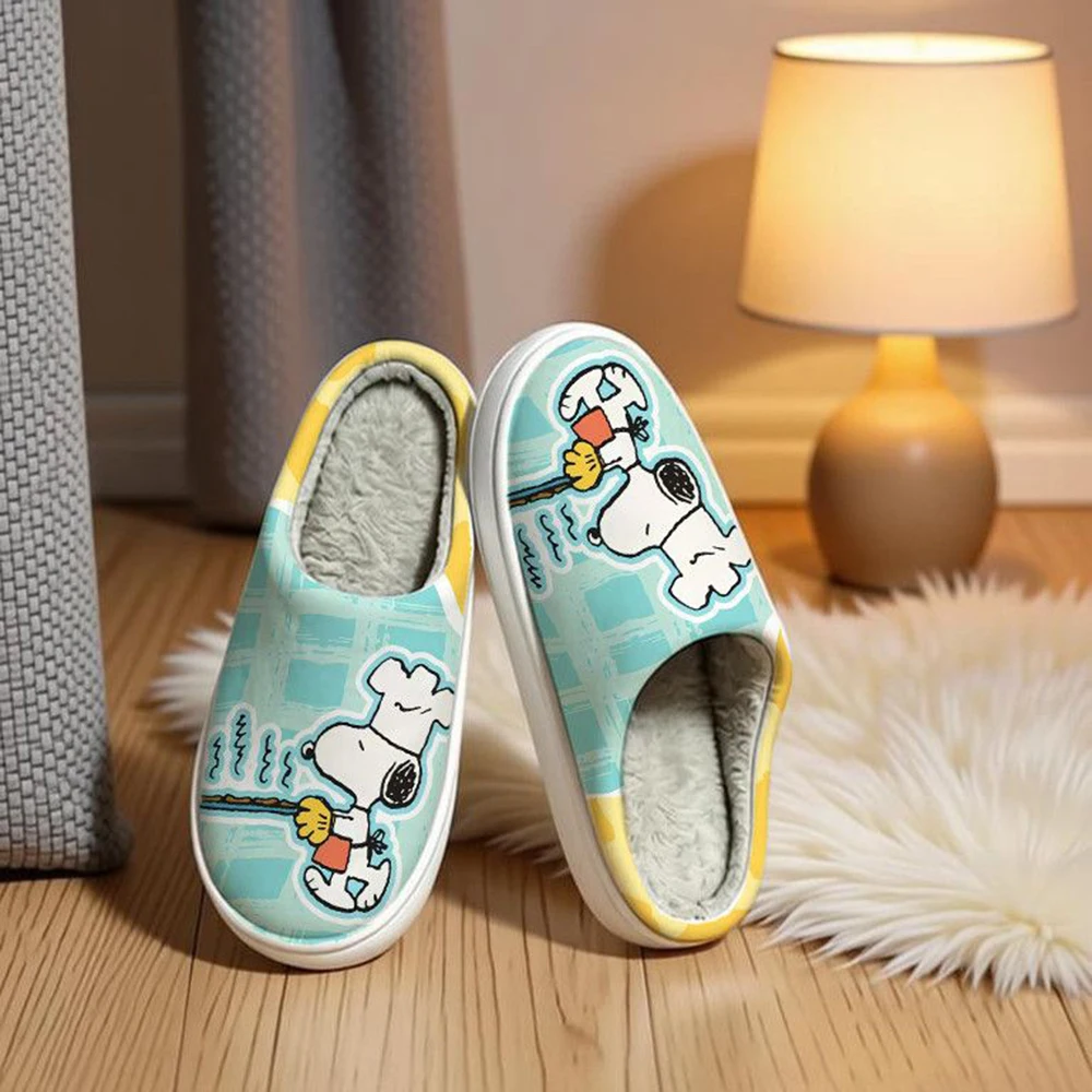 for Peanuts Fans Snoopy Slippers Chef Cooking Theme Printed Winter Plush Slippers Slip On Design Non Slip Thick Sole Soft Fleece