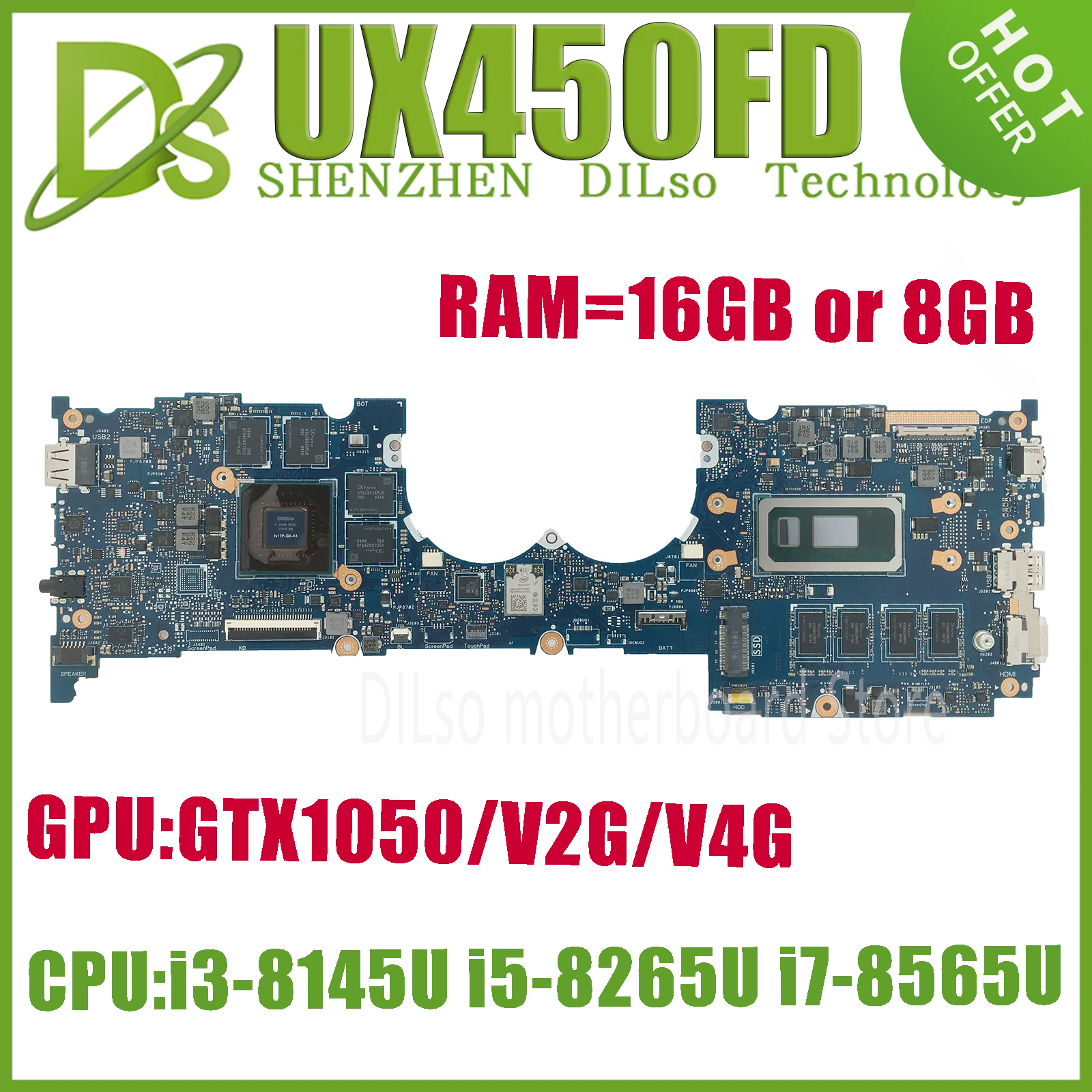 KEFU UX450FDX Motherboard For ASUS ZenBook Pro 14 UX450F UX450FD UX450  Mainboard W/I7-8565U I5-8265U GTX1050/2G/4G 16G/8G-RAM