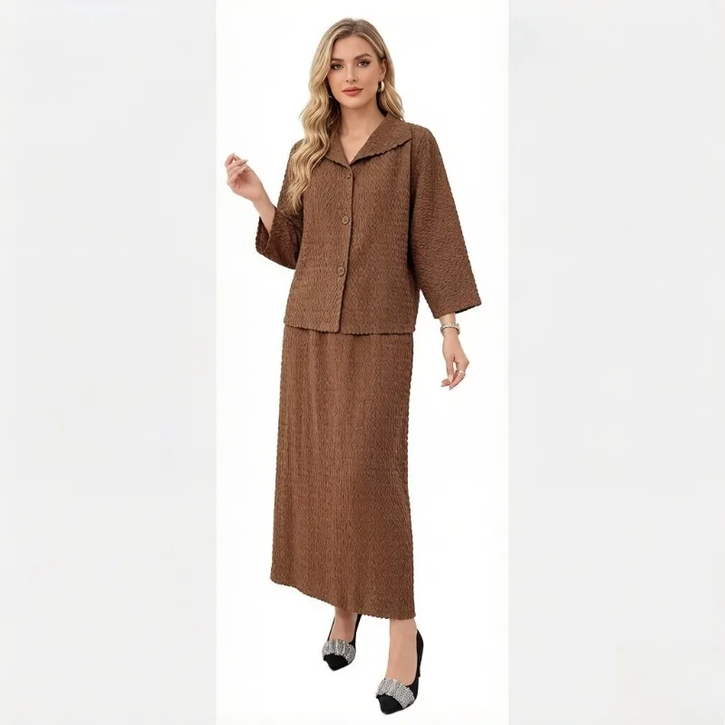 

Плиссированный костюм Miyake для женщин: новая коллекция Весна/Лето 2026 – плиссированная куртка и юбка с узором «Ананас», модная повседневная нишевая женская одежда