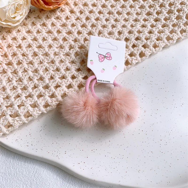 2pcs/set Kawaii Pompom Hair Tie For Girls Kid Elastic Plush Hair Rubber bands Baby Pink Ball Hair Rope child hairbands Cute Gift