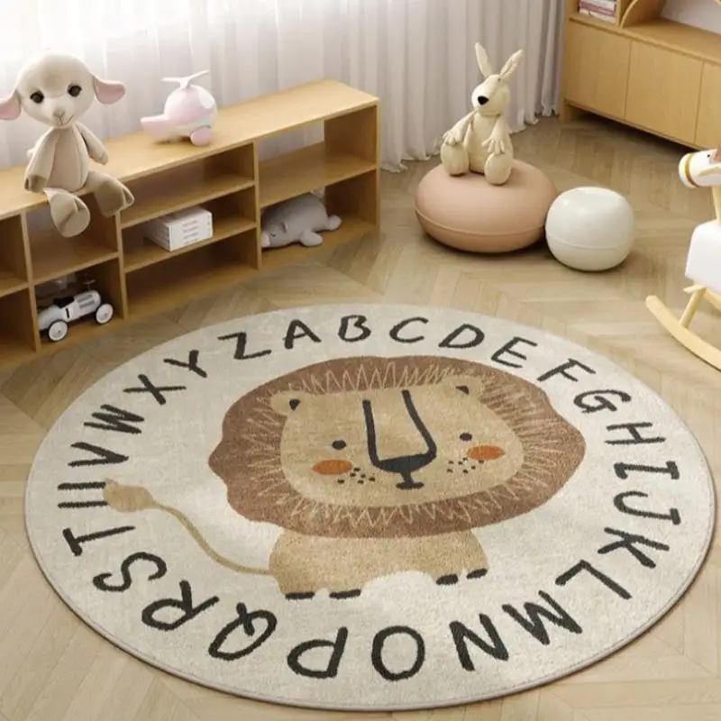 VIKAMA Cartoon Style Bedroom Decor Lion Pattern Carpet Cute Round Rugs for Living Room Plush Bedside Rug Fluffy Soft Floor Mat