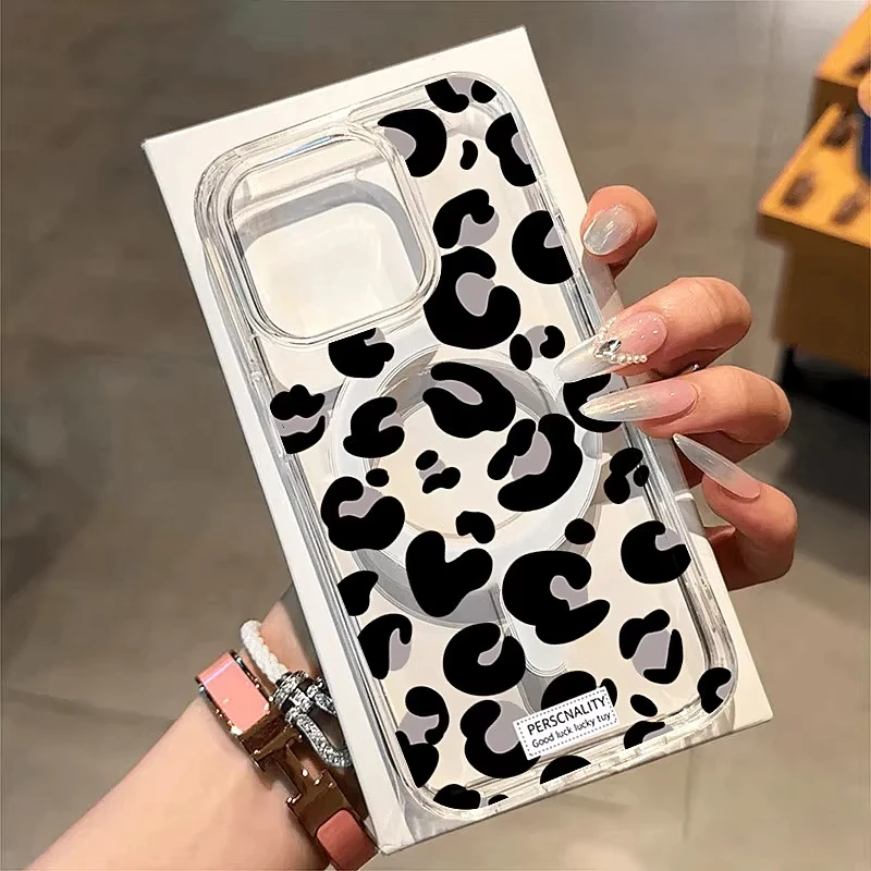 Etui z nadrukiem leoparda, przezroczyste, z obsługą ładowania bezprzewodowego MagSafe, do Samsung Galaxy S25 S24 S23 S22 Ultra Plus S21 FE, luksusowe, przezroczyste.