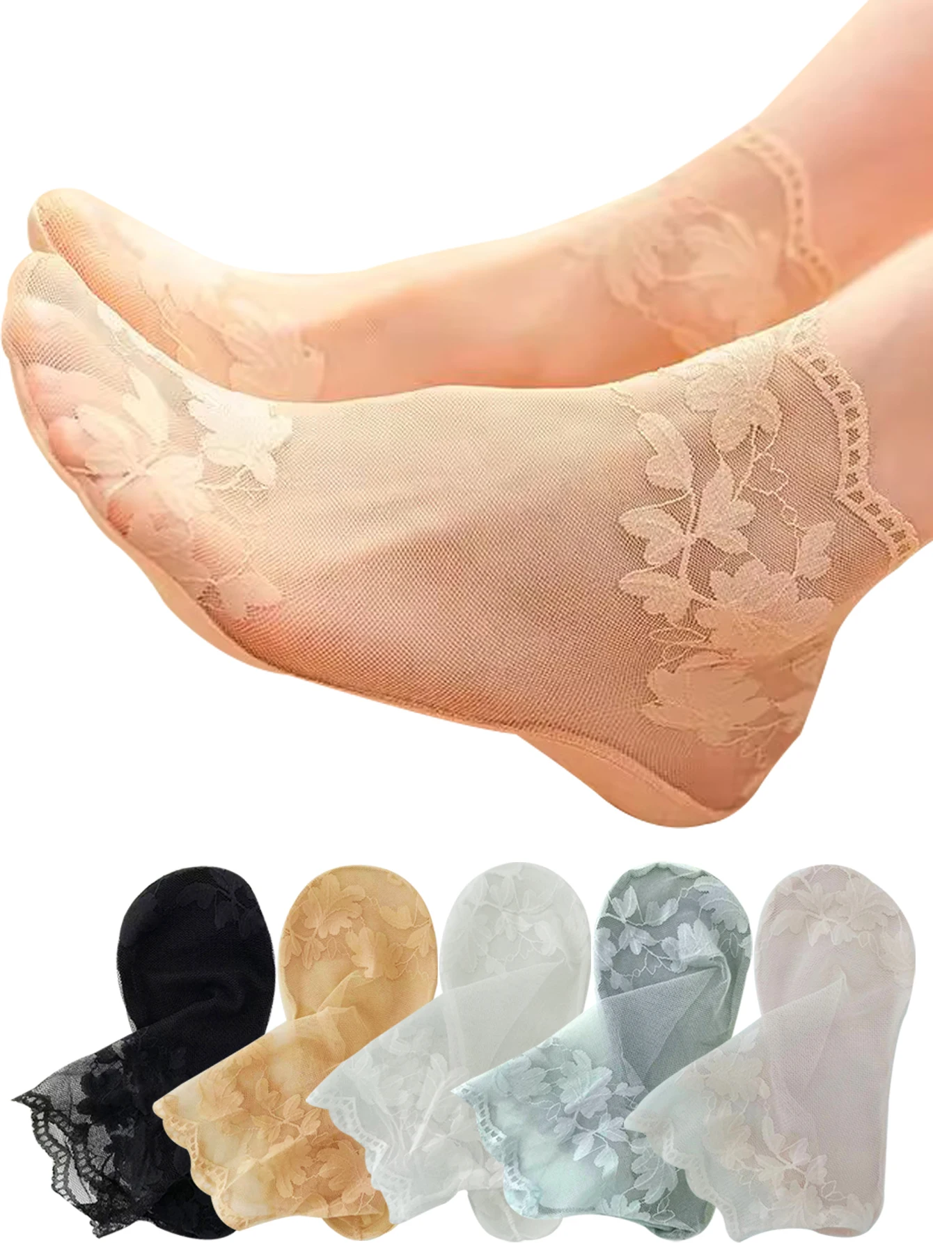 Women's Summer Boat Socks Breathable Stretchy Thin Leaf Pattern Low-Cut Socks  Transparent Lace Socks Lolita Style Ladies Socks