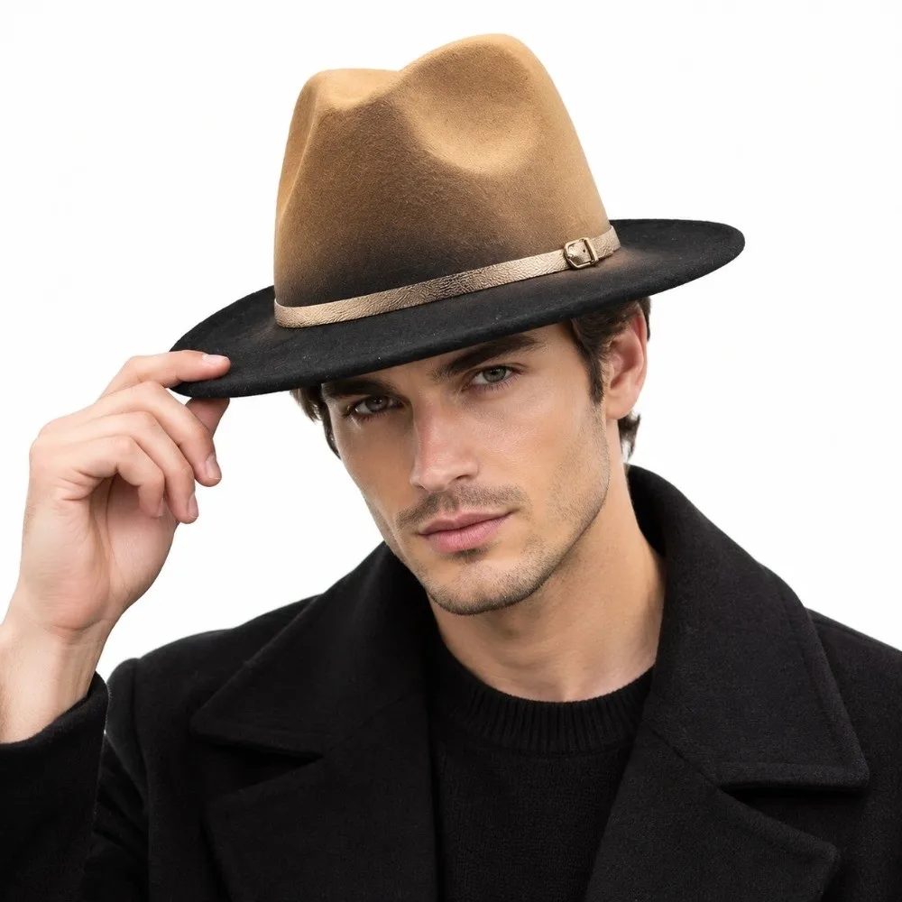 Wide Brim British Fedora Hat Gradient Color Gentleman Winter Woolen Hat Panama Cap Formal Occasion Woolen Cowboy Hat