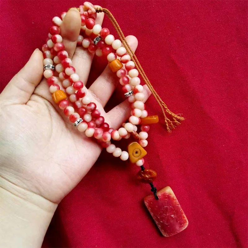 Cow bone blood material 8*6mm 108 beads three-way frog back cloud hand-carved plaque six-hole clip