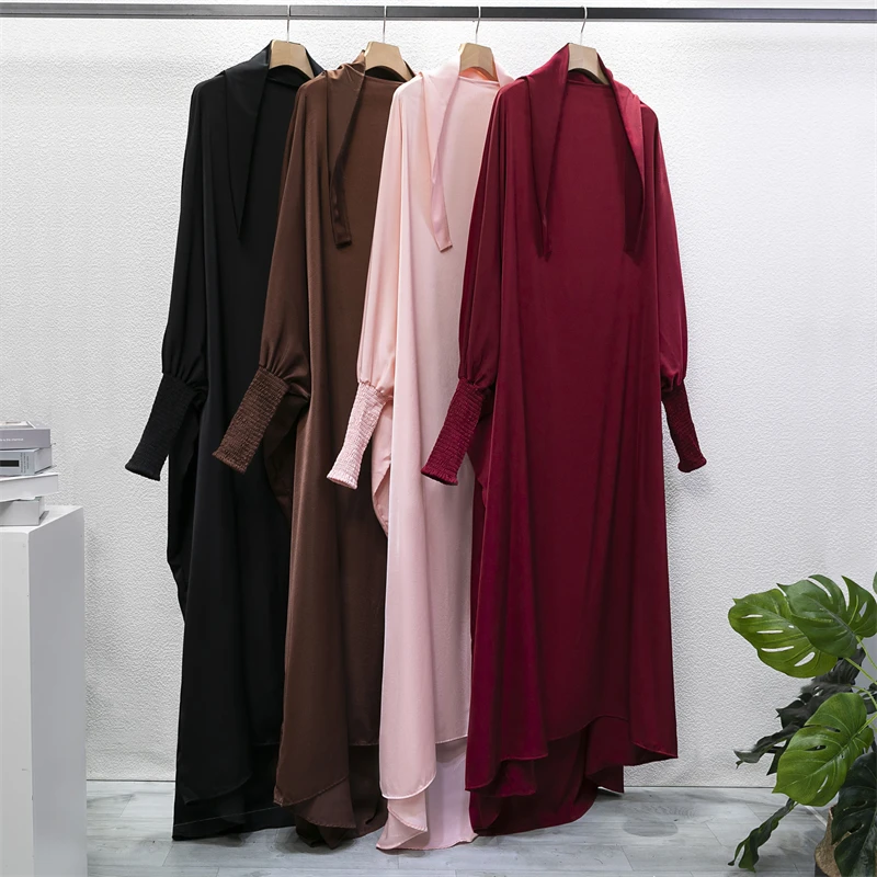 Muslim Abaya Women Jilbab Islamic Clothing Dubai Saudi Black Robe Turkish Modesty One-piece Prayer Dress Hooded Smocking Sleeve