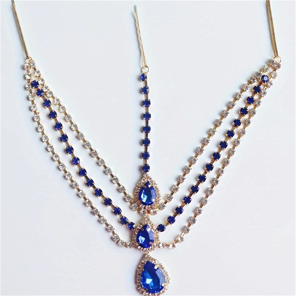 New Fashion Blue Gemstone Water Drop Pendant Hair Chain Luxury Shining Banquet Rhinestone Hair Chain Party Jewelry Accessories